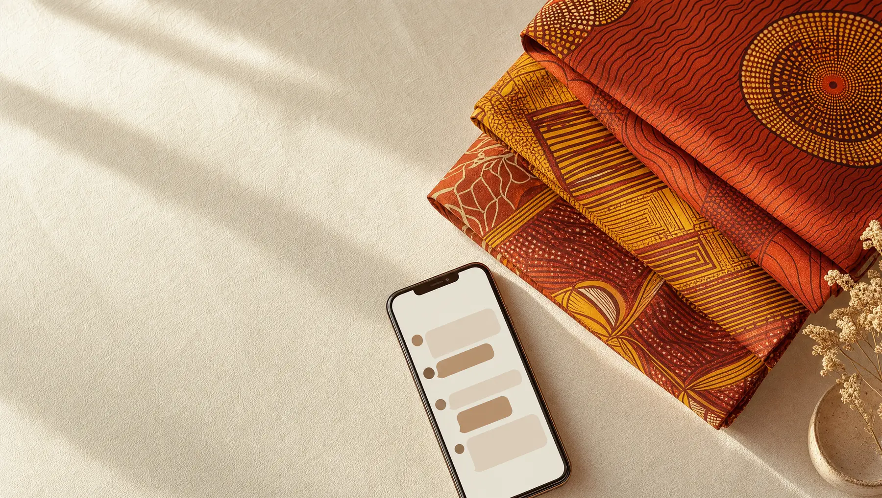Folded ankara fabrics in terracotta and gold beside a phone showing a BuyChat conversation