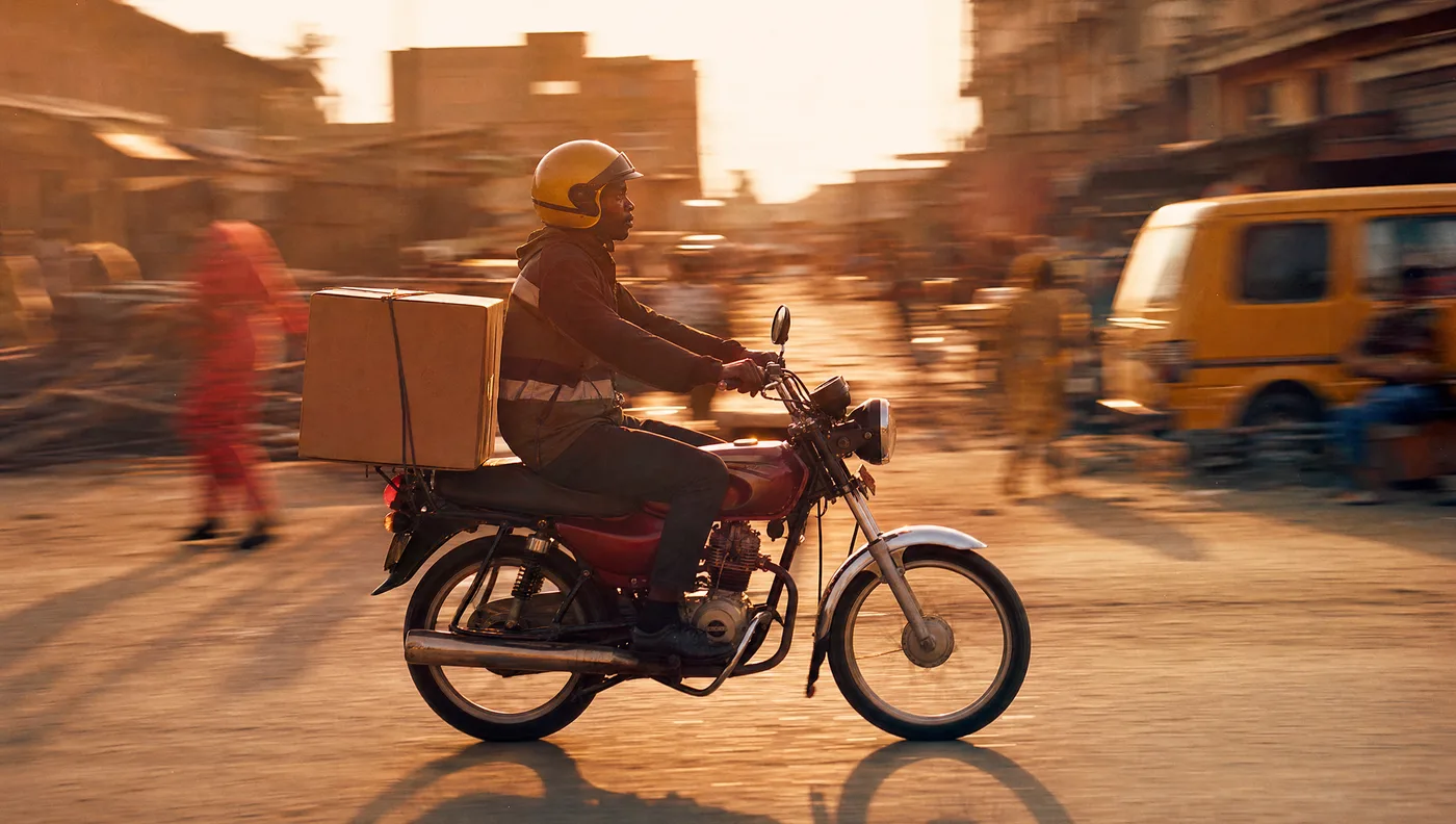 A dispatch rider on a motorbike crossing a warm sunlit Lagos street with a package box